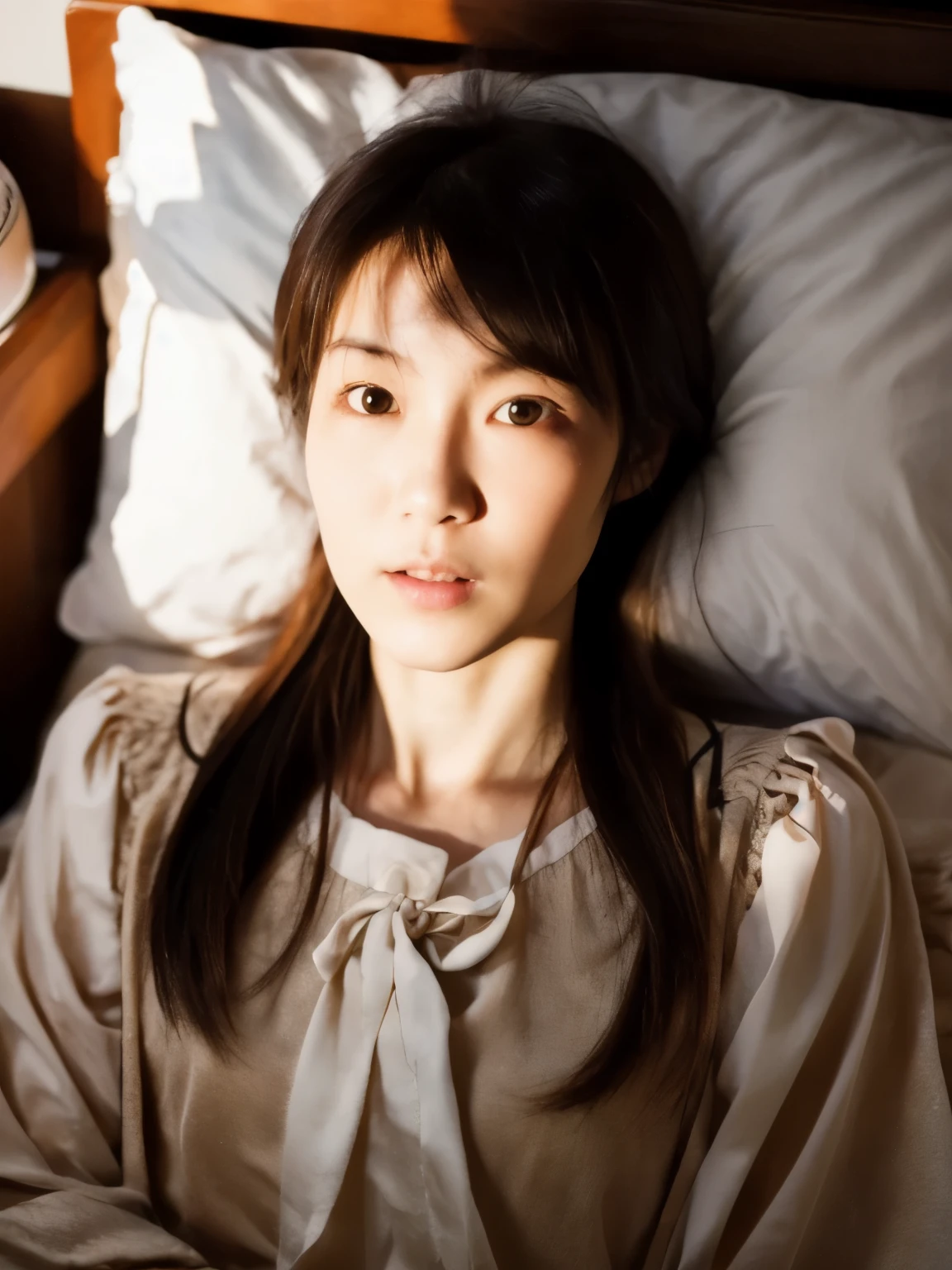 (Top Quality, Masterpiece: 1.2), 18 year old girl, wearing a lace nightgown, lying in bed, morning light, realistic face, perfect body, good anatomy, perfect face, curly long hair, black hair, photorealism, super detail, high quality, photo pose, sexy, bangs, big breasts, single hair bun,