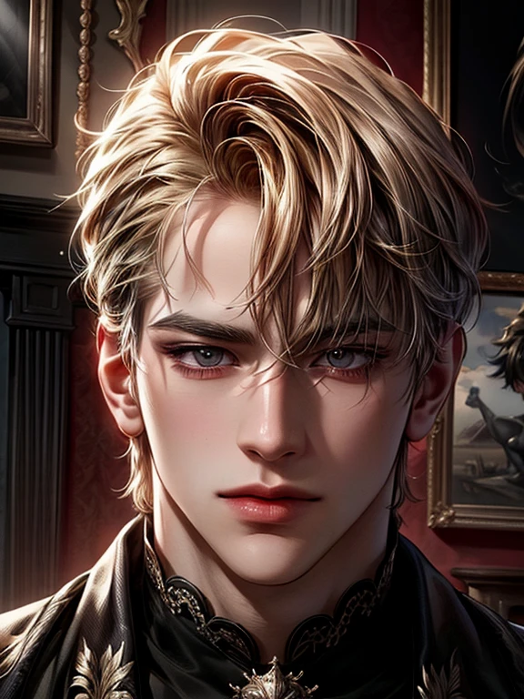 ((((best quality)), ((masterpiece)), (detailed) (masterpiece), (fine details), (breathtaking artwork), (high quality), (8k), (very detailed), (high resolution), (exquisite composition and lighting))), (full body) handsome man with sharp eyes a light smile and blonde short hair, glowing eyes, grey eyes, determined,  anime style, cinematic lighting, sparkle, stereogram, male, very manly, very masculine, 일러스트