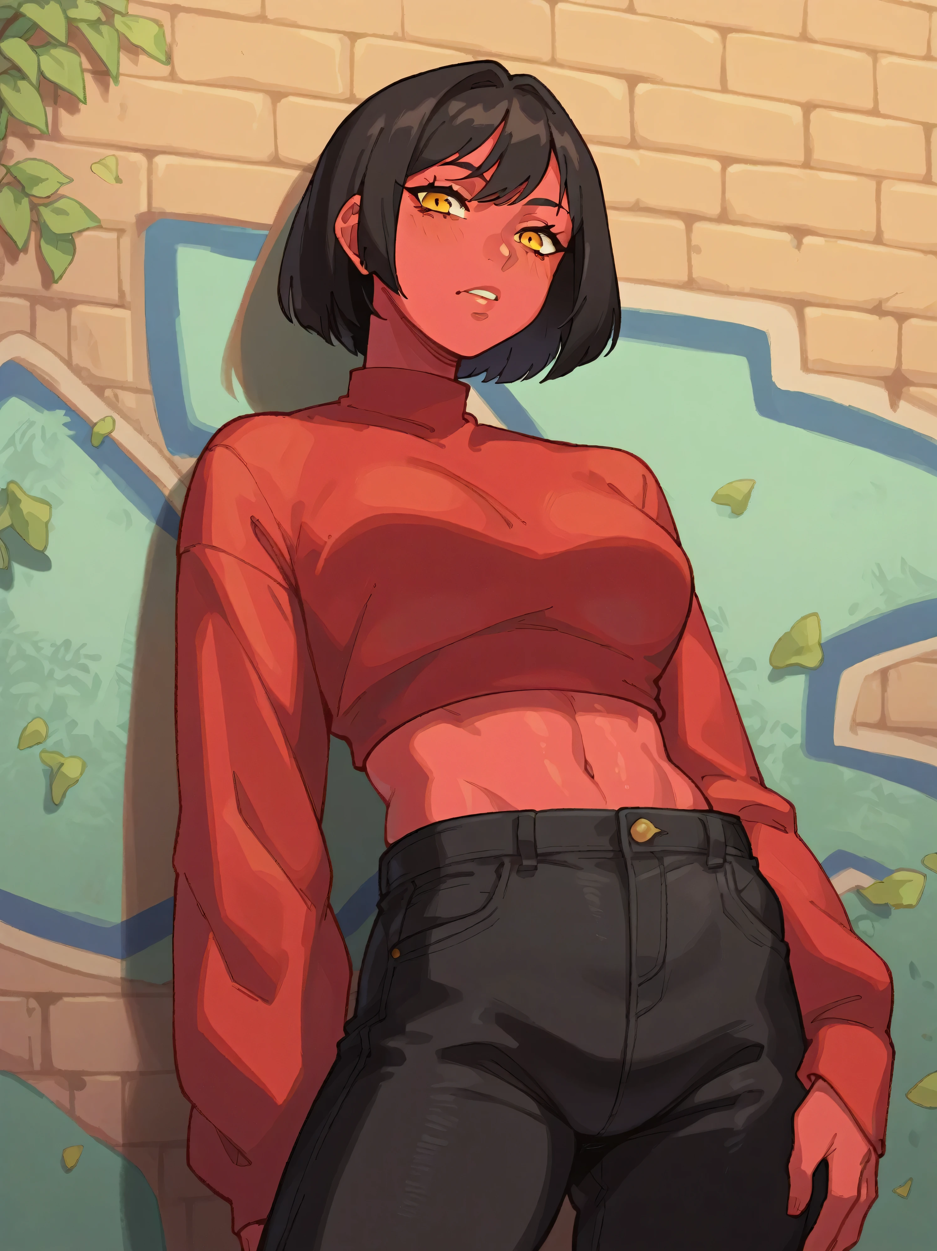 Yukinobu Tatsu style,****ung woman, average and athletic build, 1m75 tall,red skin,average musculature, short black hair cut in a bob, amber eyes, hip hop streetwear clothing style,black baggy slim jeans, illustration , street in background,a tagged wall in the background