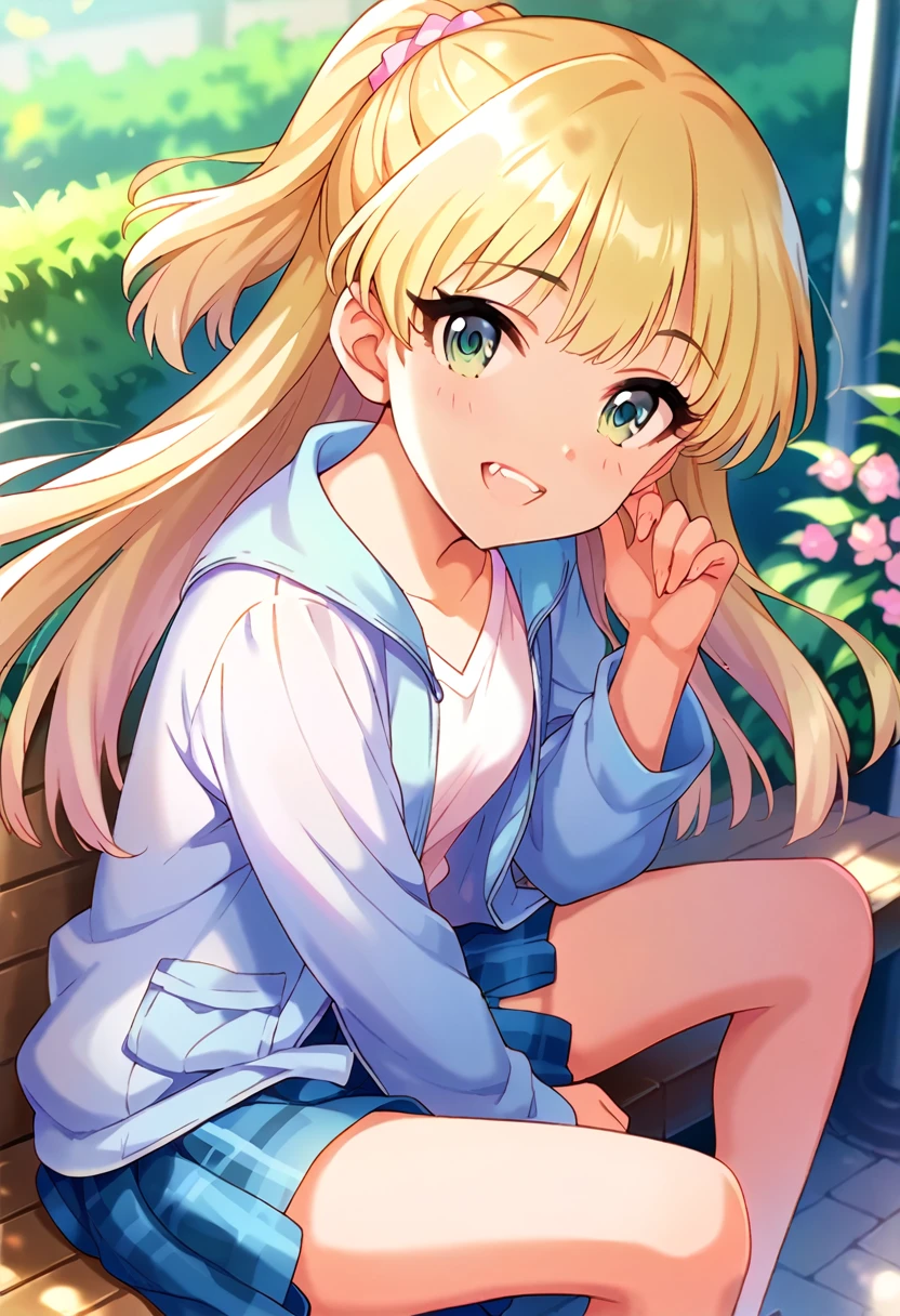 Score_9, Score_8_Excellent, Score_7_Excellent, sauce_Anime Break Pin Excellent 1 Girl,Sensitive，Viewer discretion advised，Sit on a bench,Wild pose，Open your mouth，teeth , Long Hair, blonde,  Both sides are great, bangs,Twin tails， green eyes,smile, Small breasts,  Hair Ties, school uniform, clavicle, Neck ribbon, Colored Shirt, Sweater vest, Short sleeve, bracelet, Checkered Skirt, Orange Skirt，School，Reflection of light，sweat，(Beast Pose，)(Long futanari with huge balls，，)Spread your legs wide，Showing off your crotch，