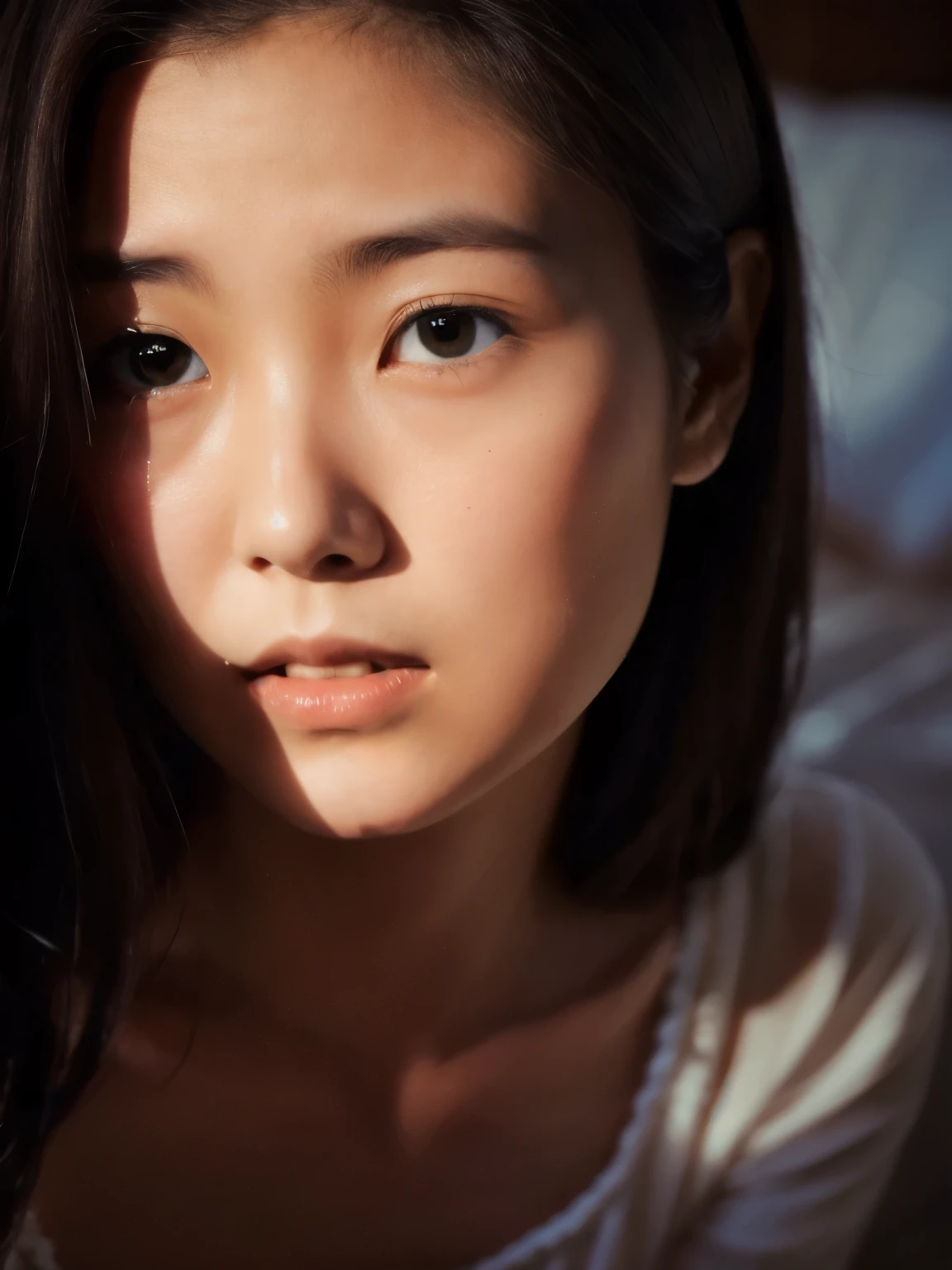 (((black background)))、(((Upper body)))、(((Sweat)))、(((close your eyes)))、open your mouth、embarrassed look、(1 person)、(cute:1.2)、、(high detail skin: 1.2)、beautiful brown hair、perfect anatomy、volume lighting、light from the front、bright、NSFW, nude、brown skin、fine-textured skin、Composition examination