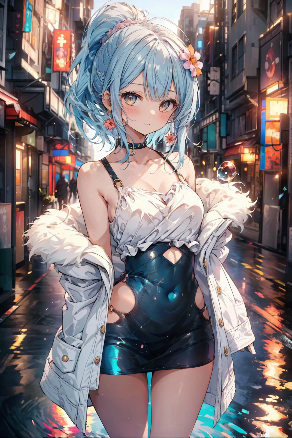 (masterpiece), (Highest quality), (Super detailed),(Disheveled Hair),(figure), (One girl), (bodycon), Are standing, Fashion Model, View your viewers, (interview), (Simple Background),Beautiful attention to detail, Delicate and beautiful face, floating,(High saturation),(Colorful splashes),Colorful Bubbles,(The Shining), Focus on the face, ponytail, kamisato ayaka, Light blue hair, bangs, Hair Ring, Floating Flowers, Floating hair, (The Shining), Best lighting, Best Shadow,NSFW,