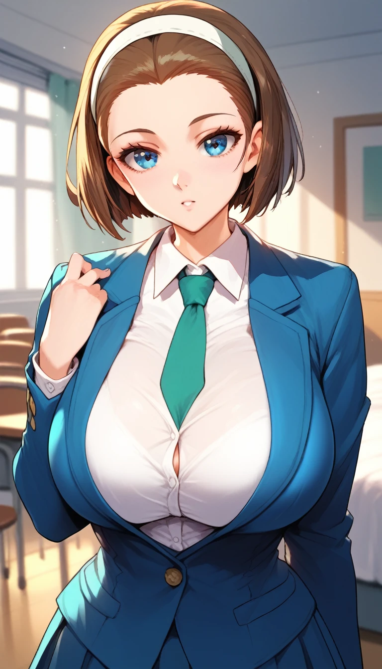 score_9, score_8_up, score_7_up, score_6_up, BREAK, SonokoSuzukiDCXL, blue eyes, brown hair, short hair, bob cut, forehead, hairband, huge breasts, school uniform, green necktie, white shirt, blue blazer, blue jacket:1.2, solo, standing, looking at viewer, indoors