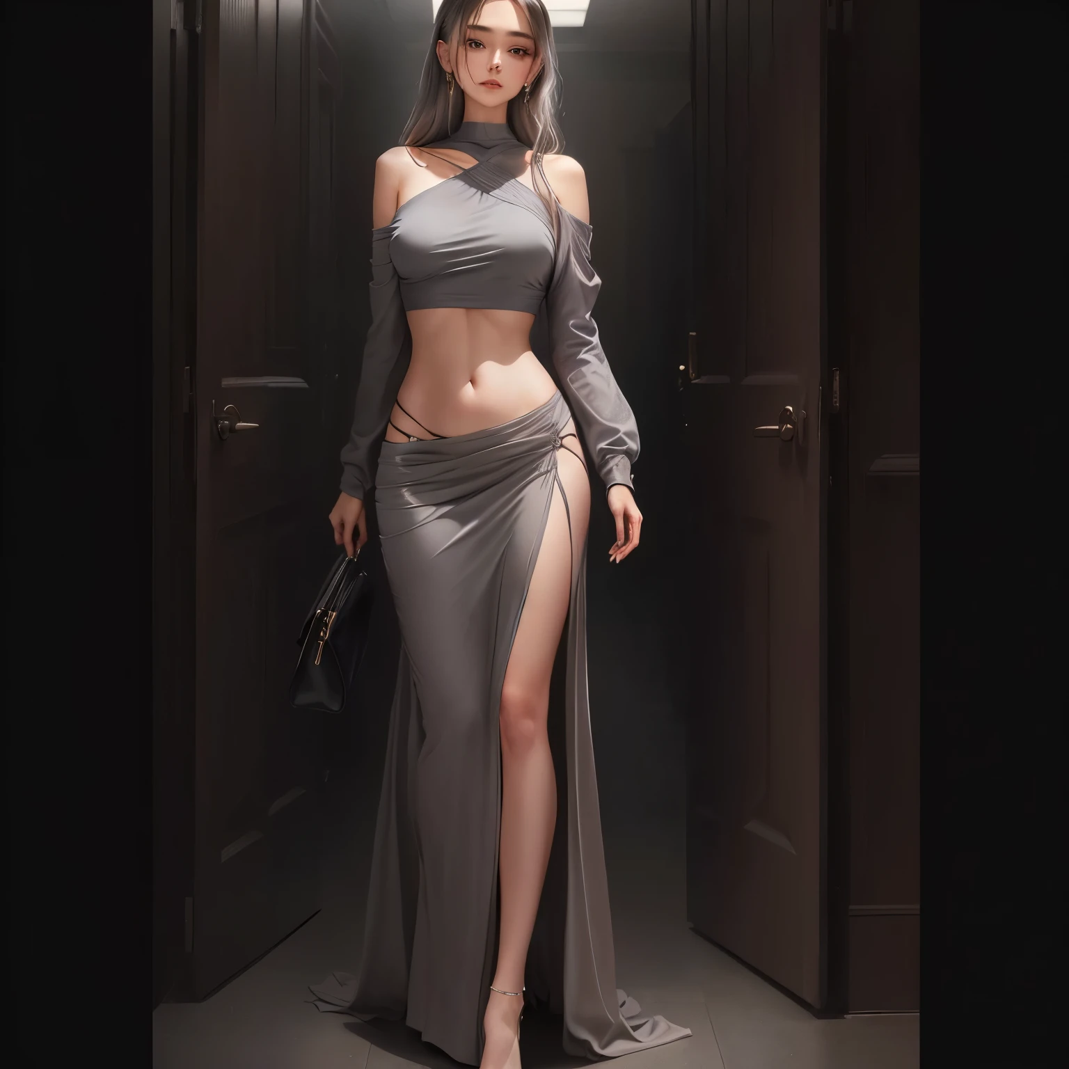 (masterpiece, best quality, photo-realistic, ultra-high definition resolution, level out:2.0), (laughing, smiling:1.1), (brown eyes, k-pop idol, korean beauty:1.4), (20-year-old girl:2.0), (aesthetical, stylish), (gigantic breast, narrow waist, wide hips:1.6), (full body:1.4), (Futuristic skyscrapers in Dubai - Elegant evening wear suitable for dining at high-end restaurants and enjoying the dazzling nightlife in Dubai's futuristic skyline.:1.4)