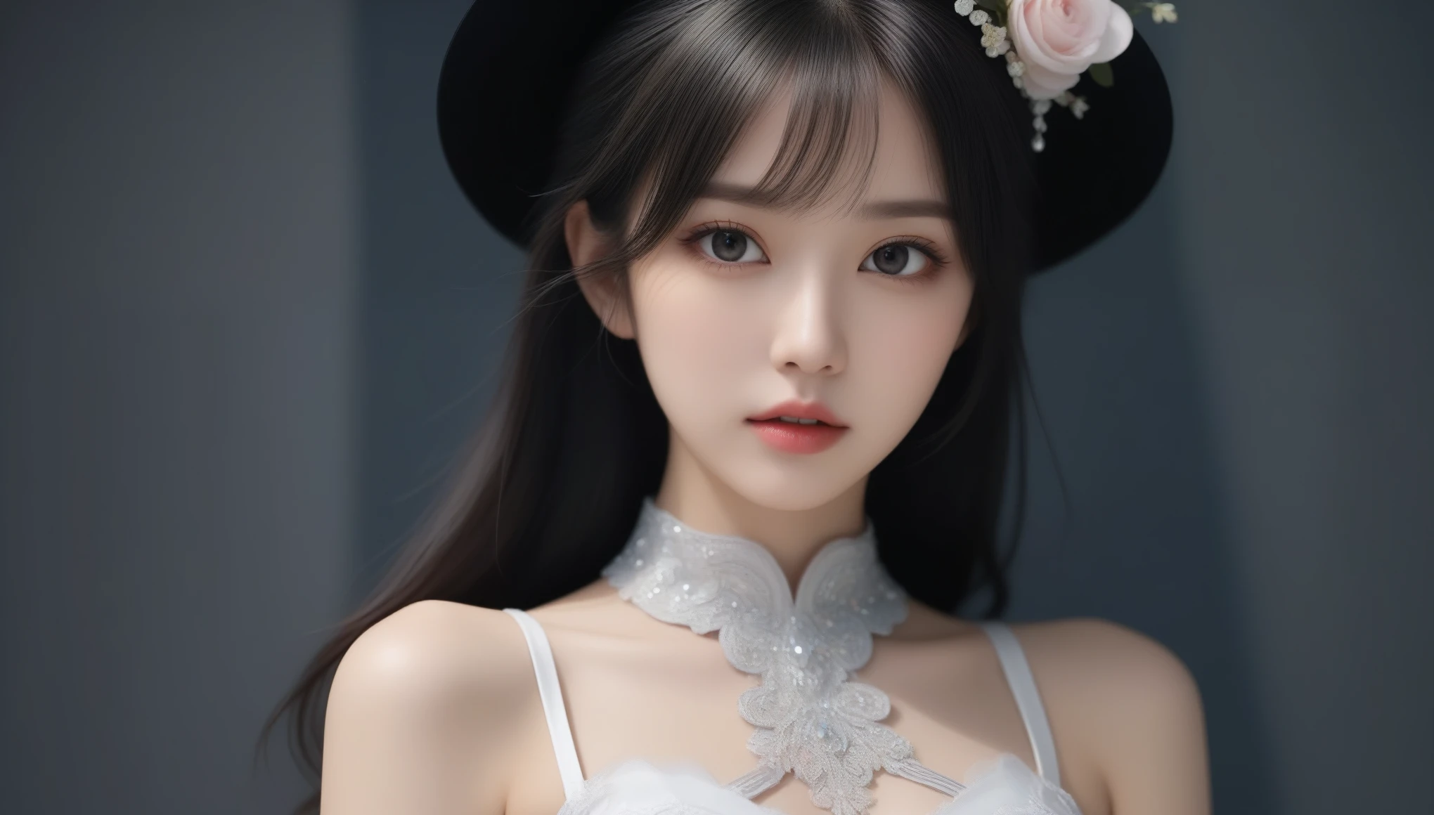8k, Ultra-high resolution, Highest quality, masterpiece, 三分割法によるphotograph,Surreal, photograph, 1 Girl, (:1.3), pretty girl, Cute Face, Beautiful eyes in every detail, 細かくdetailedに,masterpiece,One Girl:1.2,Japan Female Teachers,extream close up,sad,streaming tears,Black short hair,Messy bun hair,(black suit:1.3),Nun's clothing,(印象派の美しい少女のPortraiture), (Gray background:1.3),(Impressionist light and colour),Gothic Girl , (One-piece suit, Embroidery lace,  Sexy Embroidered Mesh Pantyhose Gloves),Realistic Skin, Perfect and beautiful face ,完璧でCute Face, Skin with attention to detail, Perfect limbs、Narrow waist,Looking at the audience,(((Ideal body type))),A cup small breasts :2,Portraiture:2,Perfect Anatomy,鮮明なdetailed,detailed,Surreal,Light and shadow,darkness