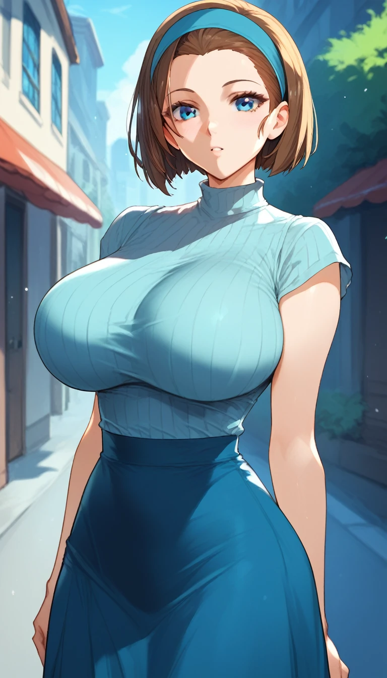 score_9, score_8_up, score_7_up, score_6_up, BREAK, SonokoSuzukiDCXL, blue eyes, brown hair, short hair, bob cut, forehead, blue hairband, huge breasts, High neck sleeveless white ribbed T-shirt、ハイウエストBlack long skirt、Are standing、