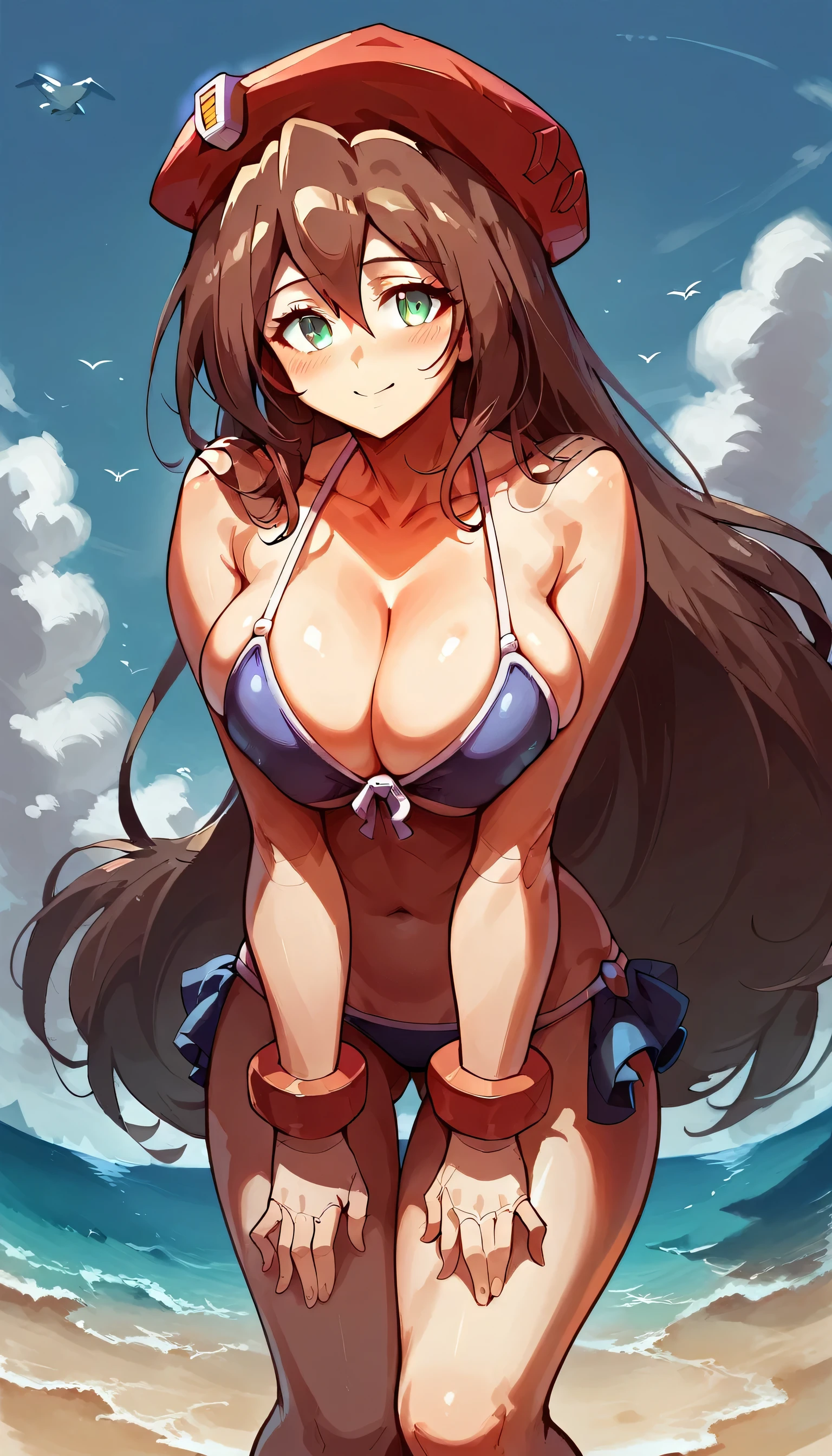 1girl, breasts, swimsuit, , bikini, solo, , smile, cleavage, outdoors, beach, huge_breasts, looking_at_viewer, sky, day, navel, , collarbone, cloud, blue_sky, purple_bikini, ocean, , blush, ass_visible_through_thighs, bare_shoulders, , closed_mouth, , bangs, leaning_forward,Expressiveh,
concept art,iris \(mega man\)
1girl, long hair, brown hair, hat, green eyes, breasts, beret, android, hair between eyes, red headwear