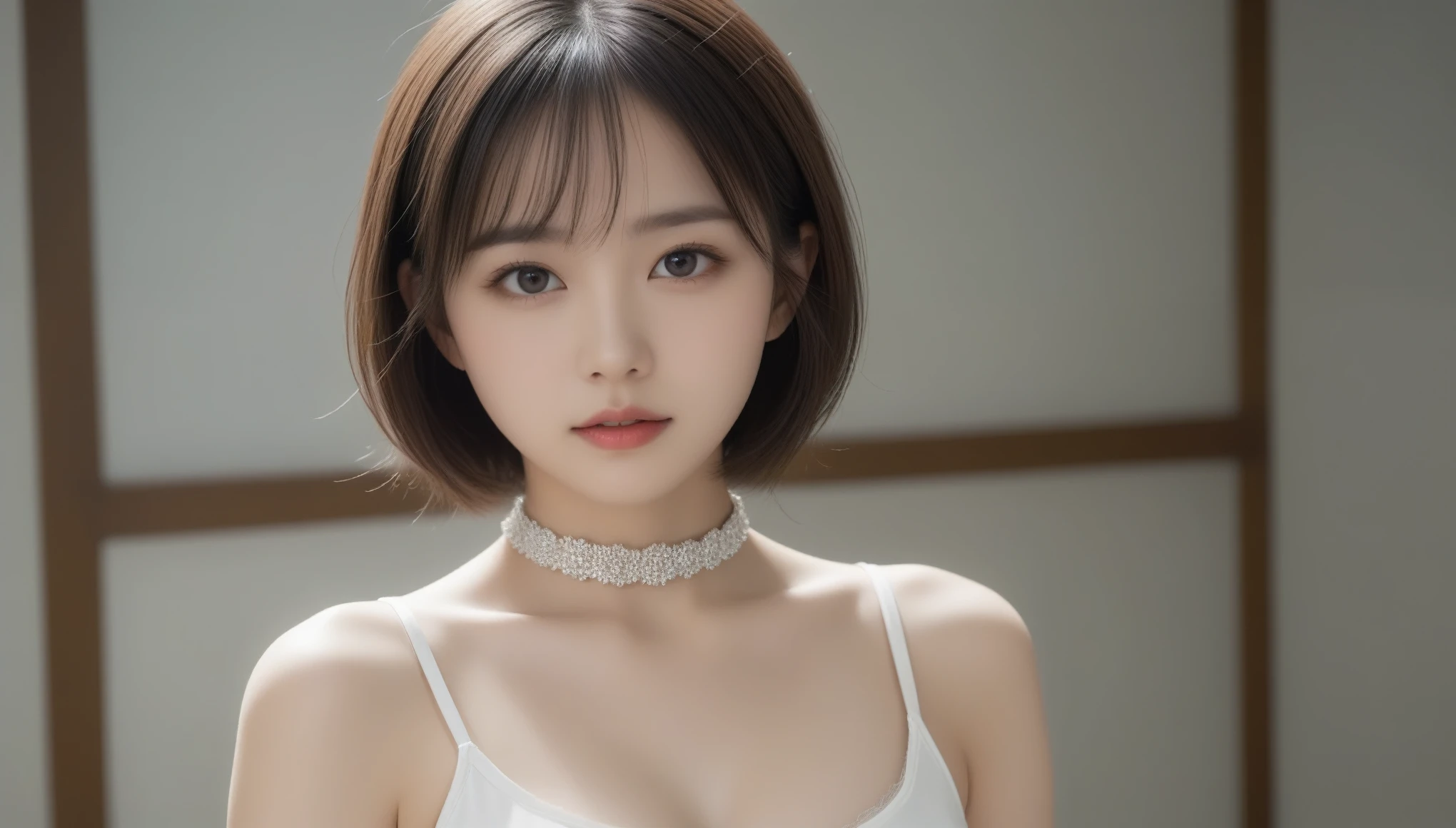 8k, Ultra-high resolution, Best Quality, masterpiece, 三分割法によるphotograph,Surreal, photograph, 1 , (Girl:1.3), cute, cute顔, 細部までBeautiful Eyes, 細かくdetailedに,masterpiece,一人Girl:1.2,Japanese women,princess,cowboy shot,glaring,Black Short hair,Hair over one eye,ID photo,future,Brutal Cyberpunk Woman,Luxurious and gorgeous,Stone Room,((A fusion of bridal dress and rubber leotard:1.5)),Overly decorative fashion,Lavish Decoration,(BDSM Mistress),(With collar),(Upper class lady:1.5),Expressions of despair,Dark and atmospheric lighting,Subtle details, detailedな顔,anger,Attractive eyes,(ポートレートphotograph:1.4),(Photorealistic images:1.4),Fantasy art,(Beautiful Face:1.4),美しくAttractive eyes、Beautiful Eyes,Silver Remaining,(Tight waist:1.4)、(Beautiful with perfect body proportions:1.4),Pink Lips,profile,(((Ideal body type))),A cup small bust :2,、Portraiture:2、Perfect Anatomy、鮮明なdetailed、detailed,Thin lips,完璧でBeautiful Face ,完璧でcute顔, Detailed skin, Perfect limbs、Narrow waist,Surreal,Light and Shadow,Fashion magazine cover,spotlight