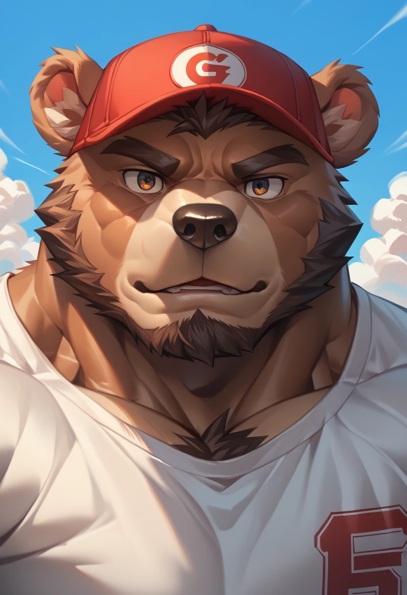 by_lindong, digital art, masterpiece, solo, 1boy, 1man, portrait, face shoot, Huge muscular, furry brown bear, face, baseball cap, shirt, head shot, detailed ,detailed muscle, background