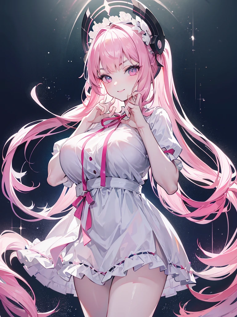 solo, 1girl, mature anime female, light pink hair, long hair, dark pink eyes, subtle blush, love goddess, sundress, innocent smile, heart-shaped halo behind head