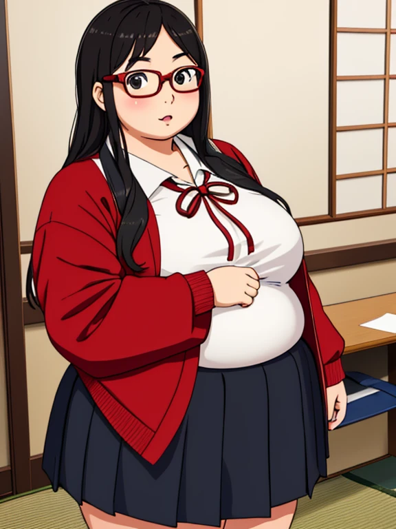 Masterpiece, 1girl, solo, Japanese student, teen, round face, fat face,fat, chubby, round belly, plump body, her appearance reflects her intelligence and introverted personality, (she's wearing a black Japanese school uniform and red glasses)
