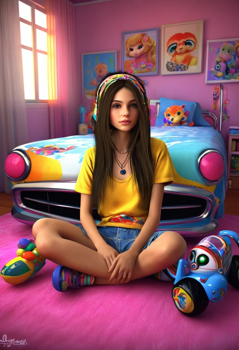 A , approximately 10 yeting on a comfortable sofa, immersed in a video game,She holds a video game controller enthusiastically, while her eyes are fixed on the screen,Around the child, there are empty fast food containers scattered such as hamburger boxes, packets of fries and soda cups,The child is dressed in fashionable clothes, as a T-shirt with prints of popular cartoon characters and branded sneakers,She displays an expression of joy and satisfaction, with an animated smile while playing the video game and eating her snack,Spoiled Child,Video game,Fast food,Comfortable sofa,Video game control,Unhealthy foods,Children's fashion,Digital entertainment,Carefree fun --auto --s2