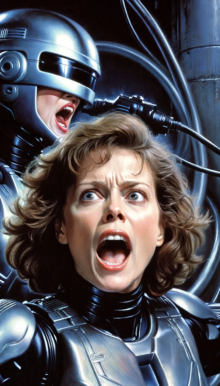 Robocop vs Ellen Ripley, Robocop close-up on the right, Ellen Ripley close-up on the left, Robocop brings his head closer to Ellen Ripley, Ellen Ripley screams in fear, against the background of wires and hoses, dark, dark room, (Robocop: 1, 1 Robocop, close-up, right), (Ellen Ripley: 1, 1 Ellen Ripley, wearing a bikini, screaming in fear, in the picture on the left), (oil painting, pastel colors, gradient, haze, painting, painting by artist Boris Vallejo, in the style of artist Boris Vallejo, painting in the style of Frank Frazetta)