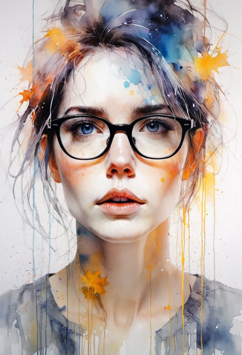 a painting by MSE A Woman with Glasses by Agnes Cecile, luminous design, pastel colors, Ink drips, autumn lights