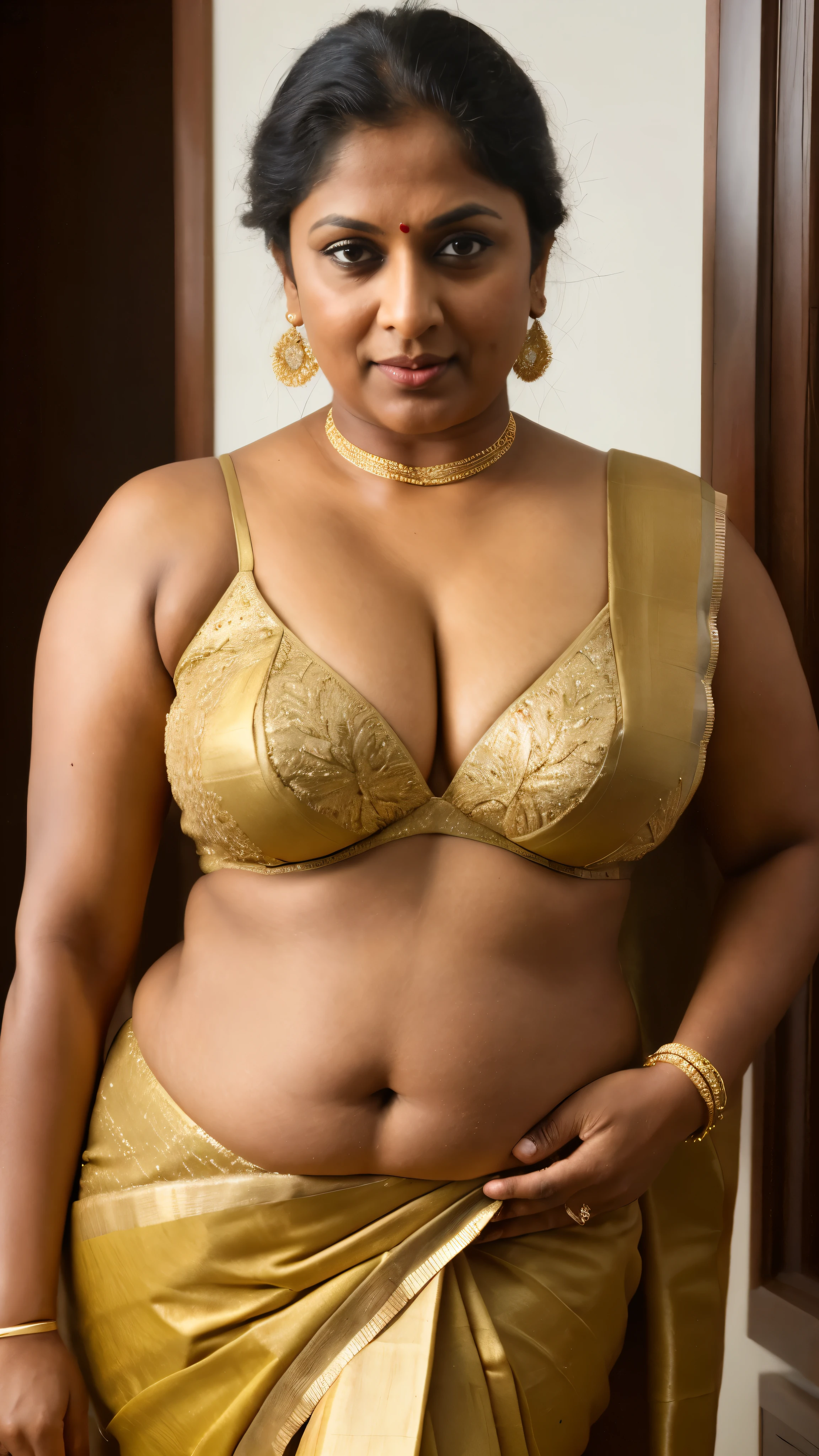 Foto RAW, photorealistic, true milf, mature wrinkles skin, tanlines,photography,full body shot, 70 years old Woman, nadhiya moidu, hot nadhiya mommy, master shot,perfect eyes,goddess like beauty, nadhiya momma, nadhiya amma, pierced eyes, perfect thick chubby mallu Desi aunty bhabhi,Wearing a Stanapatta,a cotton chest-band,Saree model,model Photography,Indian saree shoot,Indian traditional wear advertising photography,traditional shoot,face of indian chubby milf actress Nadhiya or Nadia Moidu or Nadiya moidu,masterpiece,photorealistic, realism,incredible details,pleasure,photorealism,detailed skin,skin pores,high contrast,photorealistic Artstation 8k HD digital art trend of high definition and detailed realistic skin texture,ultra detail,realistic skin texture,armature,best quality, ultra high definition,(photorealistic:1.4),high resolution,detail, raw photo,Re sharp,by Lee Jefferies Nikon D850 Film Stock Photo 4 Kodak Portra 400 Camera F1.6 Lens Rich Color Ultra Real Realistic Realistic Textures Dramatic Lighting Unreal Engine Trending at Art Station Cinestill 800,(pele altamente detalhada: 1.2), 8k UHD, DSLR, soft-lighting, alta qualidade, grain of film,Fujifilm XT3,she didn't like to wear blouse or bra, she is happy to wear only saree,she hates blouse or bra,detailed hairy armpits,hyper realistic skin,skin pores,sweat,veins on the body,insanely detailed skin texture,freckles 0.2, RAW photo,astounding details,professional fashion photography, photographed by master photographer,insane skin texture details, bulky figure,plus size Indian aunty,chubby Indian housewife,Indian desi Mature widow aunty, queen of seduction,tempting jiggly figure,appealing body language,sugarmommy,mature aged beauty, true mature goddess,visible few wrinkles stretchmarks,few tanlines in her face,mother of six sons,rough mature skin,saggy,mature goddess,teasing with her alluring fleshy figure,naughty & horny Aunty, Kāmonmādinī, Kama velli, Gadarai aunty, juicy thick belly, sexy navel folds,