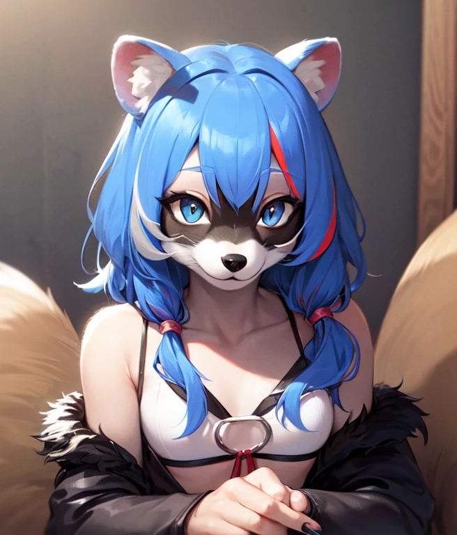 (furry:1.2), foco no corpo, peitos medios, belas luzes e sombras, cabelo branco curto, olhos azuis, pelo branco e azul escuro fofo, ajoelhada no chao, lingerie rendada, envergonhada, cauda fofa, fundo de um quarto