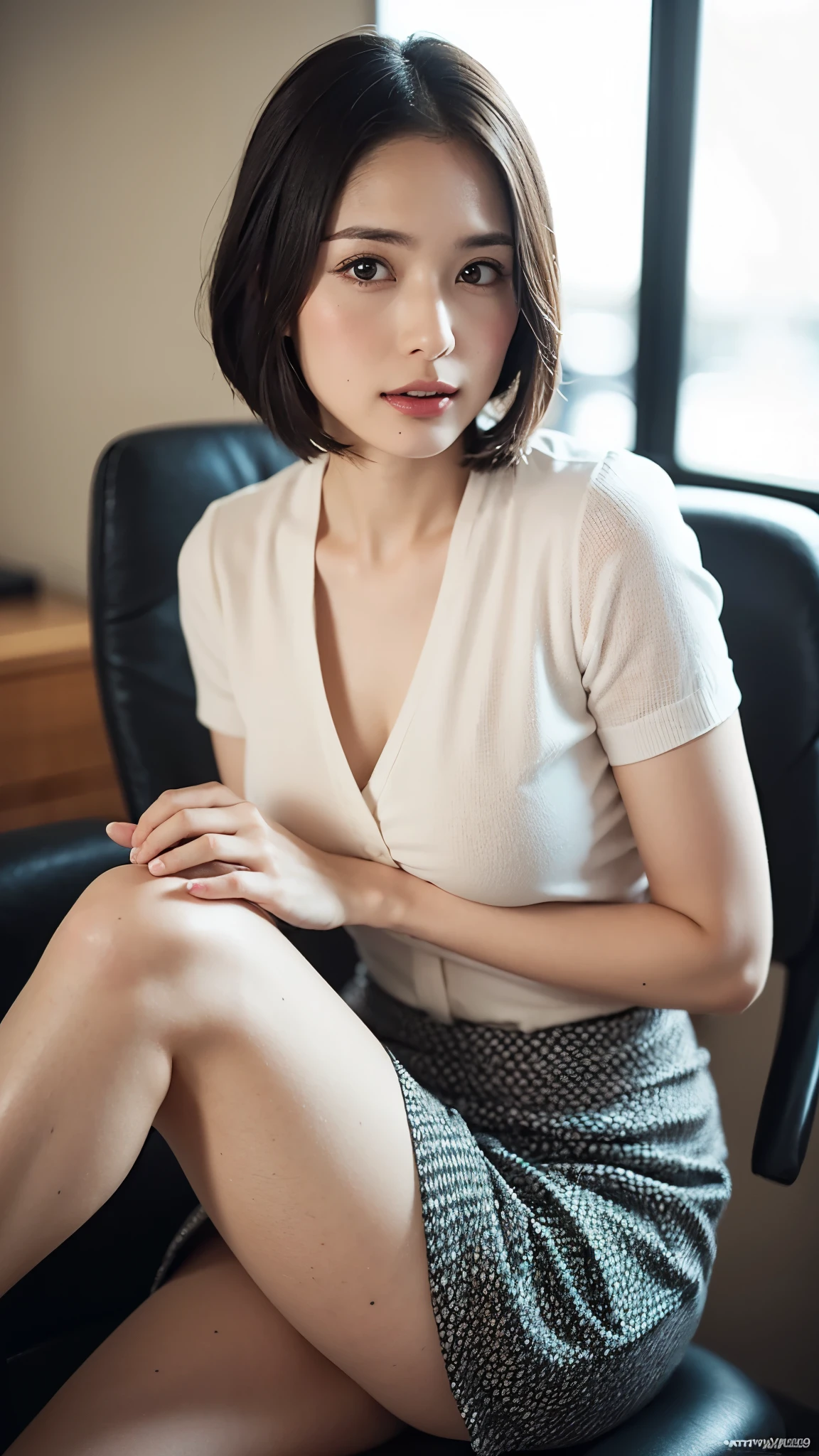 ((top-quality、8K分辨率、Master masterpiece、Portrait:1.3)), Photorealsitic, foco nítido, high-level image quality, hight resolution, Portrait, Solo, (Looking away:1.3), (1人の女性:1.5), (sitting with knees arised:1.3)、japanes, Beautie, 30-years old, Bob Hair, (Wrinkles at the corners of the eyes:0.1)、(Show panties :1.5) , whiteshirt, (Living room at home:1.3)、