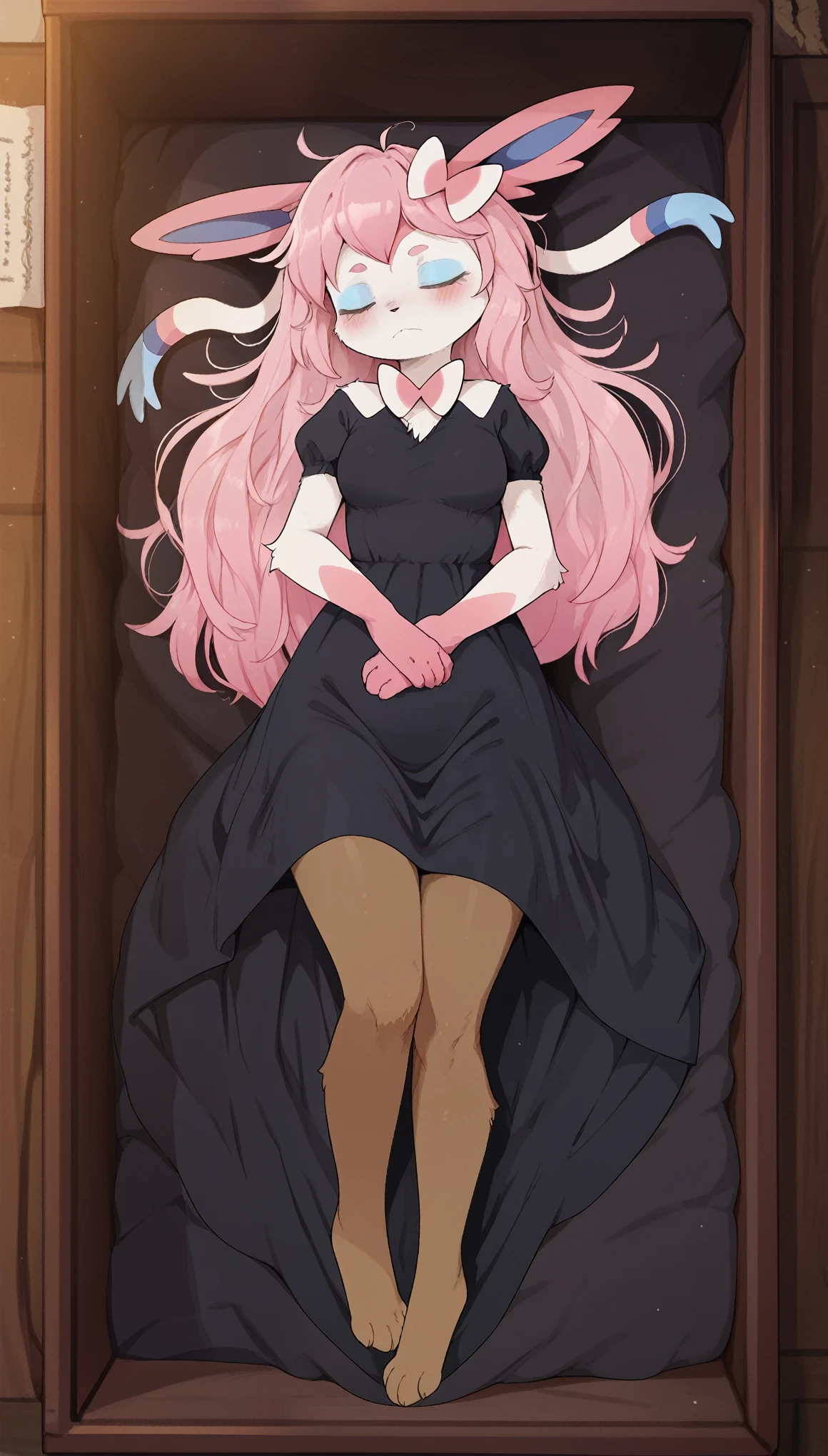 tired expression, 1girl, anthro, furry, fur, fluffy fur, sylveon girl, pink hair (cyan highlights), long hair, Messy hair, full body, medium breast, thicc thighs, laying inside a coffin, (funeral), dead, closed mouth, head tild, closed eyes, black dress, pantyhose, detailed, teenager (19 years), score_9, score_8_up, score_7_up, score_6_up, score_5_up, score_4_up