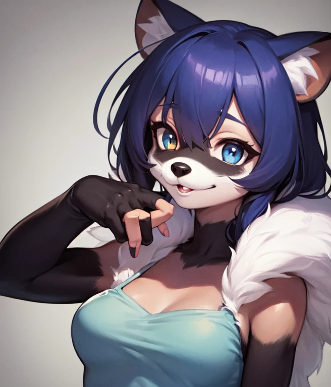 furry, (black and white fur), 1girl, animal nose, gold hearts, eye makeup, Nuwa Nightstone, green eyes, blue hair, (panda girl), panda ears, panda tail, black tank top, black shorts, :D, fangs, lying on side