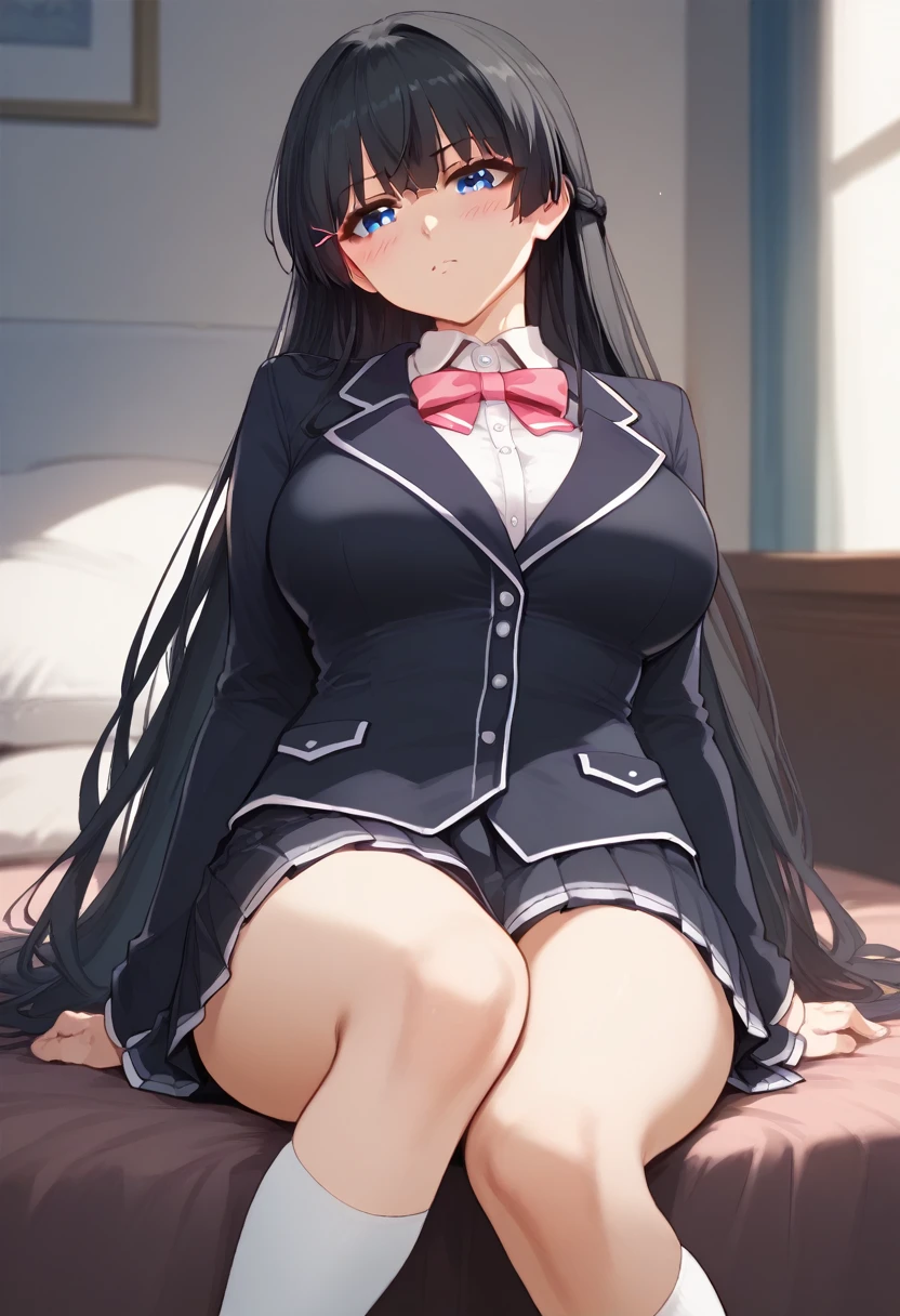 tsukino mito,Long Black Hair,Hair Clip、blush、The whole body is visible、Huge breasts、、slim:1.5、One girl, tsukino mito, Long Hair, Black Hair, blazer, Black jacket, Hair Clip, hair ornaments, White knee socks, bangs, Braiding, Pleated skirt, Pink ribbon,, Long sleeve, Collared shirt, White shirt, blue eyes, Checked skirt, Black Skirt、