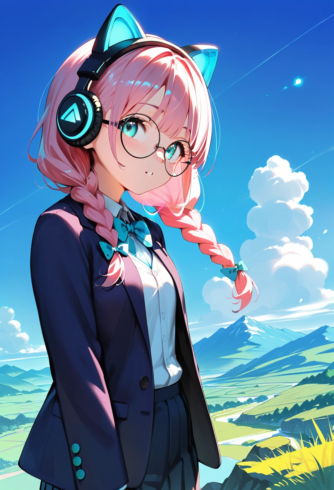  (best quality:1.2), (ultra-detailed:1.2), (2.5D:1.2), (Anime Moe Art Style), 1girl , pink hair,  Cyan eyes, Gradient Eyes, twin braids, blue Glowing cat ear headphones, black round glasses, blazer, Landscape