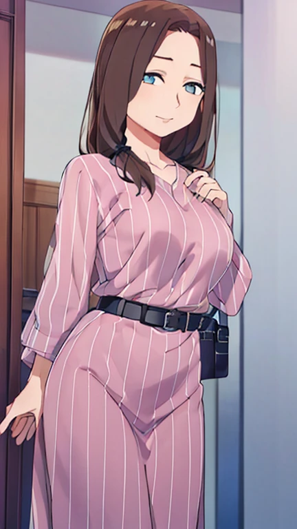 nsfw、UHD, anatomically correct, super detail, best quality, 8k, My aunt has a slim figure、Brunette wavy long hair, ((Modeling))、Sexy standing pose、Small breasts、Provoke, Sensual face, Long sleeve striped T-shirt and long skirt with belt、Anatomically correct hand、Hands on the hotel door、Invite