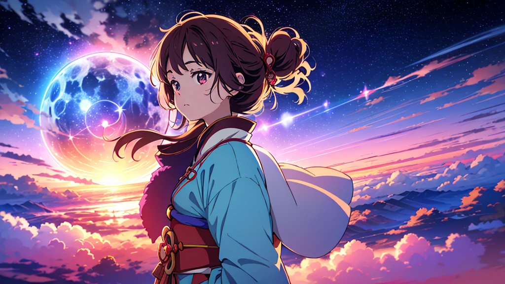 Top quality Japanese anime。A magic circle shining in countless seven colors，An image of a girl character with magic circles lining up above the night sky, transcending time and space，Please draw the characters delicately.，Make sure you are facing the camera，Point your right hand towards the camera，Widescreen