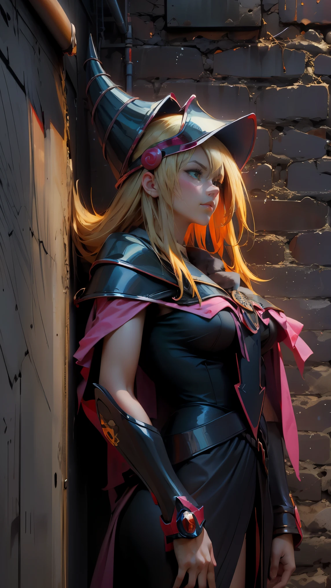 A cinematic shot of anime-style dark magician gils with sleek blonde hair and captivating green eyes. She is dressed in a sophisticated and elegant spy suit, leaning effortlessly against a brick wall. The urban nighttime setting is illuminated by vibrant neon lights and a huge movie poster "DAVY" hangs temptingly on the wall.