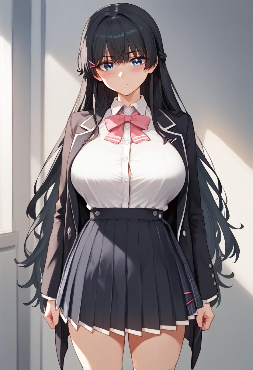 tsukino mito,Long Black Hair,Hair Clip、blush、The whole body is visible、Huge breasts、、slim:1.5、One girl, tsukino mito, Long Hair, Black Hair, blazer, Black jacket, Hair Clip, hair ornaments, White knee socks, bangs, Braiding, Pleated skirt, Pink ribbon,, Long sleeve, Collared shirt, White shirt, blue eyes, Checked skirt, Black Skirt、standing