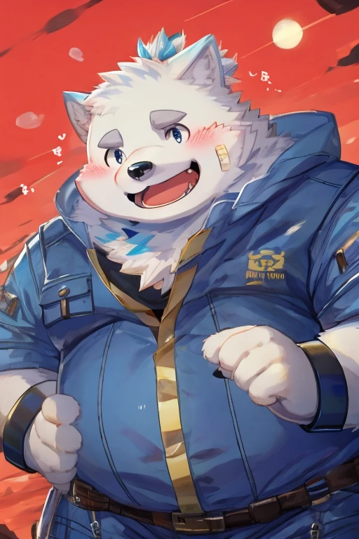 Gained weight、Being overweight、Dog Beast Man、White fur、Fluffy、cute、blush、rainが降っている、(rain、Wearing a raincoat)(smile)