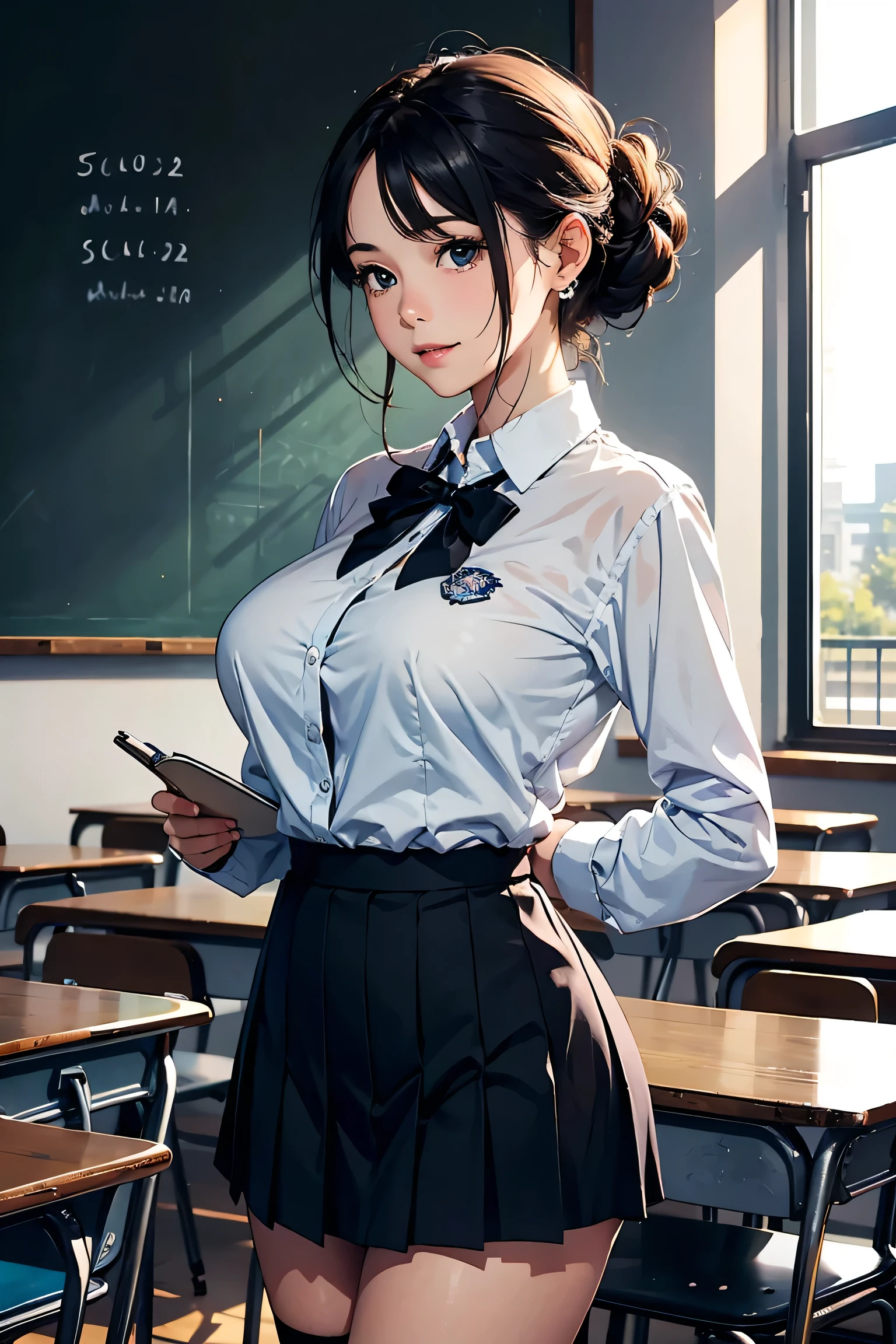 2D, Anime, (1 girl with colorful hair), Multicolored hair, (Pink hair:0.5), (Black Hair:0.5), (Tilted head), (closed mouth), Adult, large chest, curvy body, large thighs, school uniform