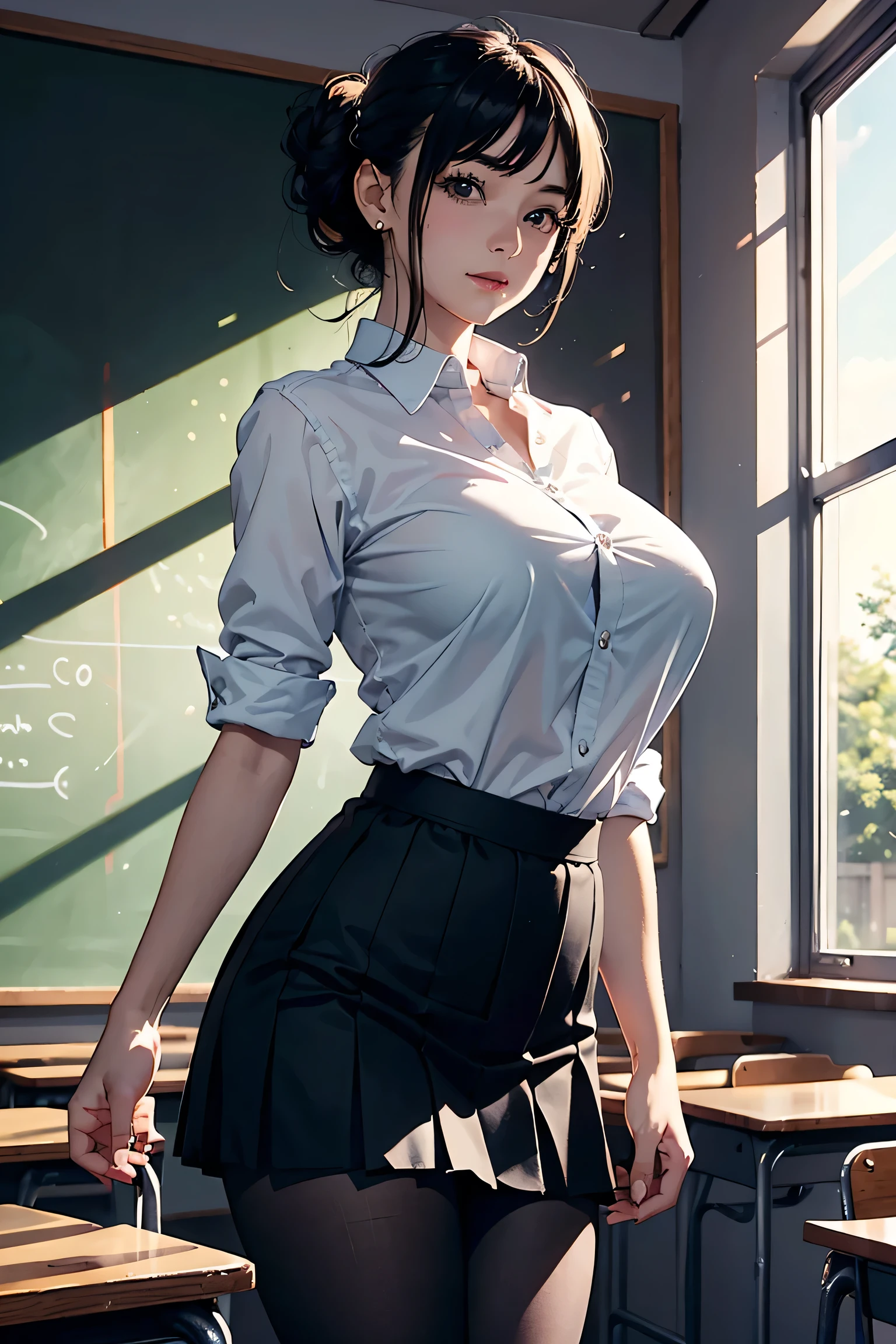 masterpiece, HQ, 4k, detailed face, hyper realistic, brown hair, high ponytail,  girl, slender, petite, sny, both hands behind head, standing, classroom, shy, blushing, humiliated, ((dark blue plaid pleated skirt)), ((wet button-up white shirt)), sunlight on skin, medium boobs, ((breasts and nipples visible through shirt)), (buttoned up shirt), shocked expression, upset, sad, (both arms up)