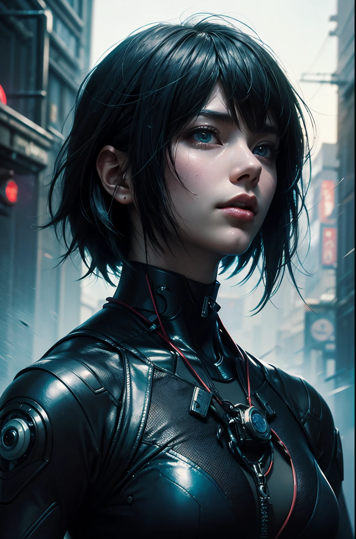 1girl, cute girl, sexy, solo, looking at viewer, monochrome, greyscale, bunt bangs, black hair, parted lips, horns, black background, portrait, cyberpunk, tragic, gothic