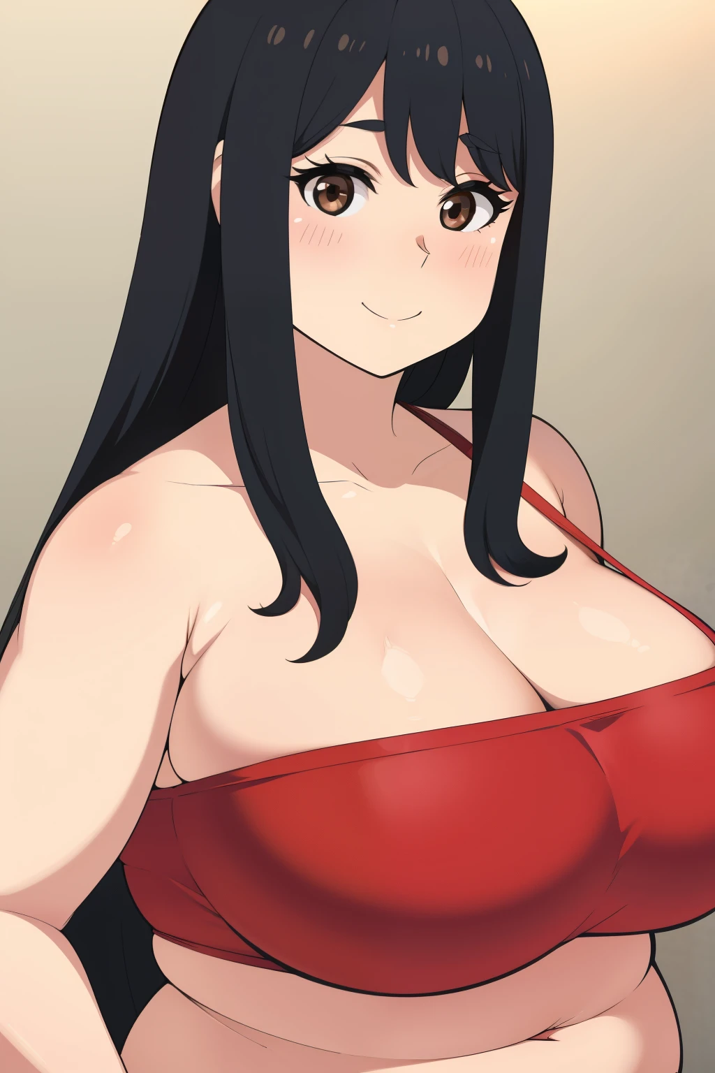 Chubby big boobs black hair brown eyes happy long messy hair blushing smile deredere