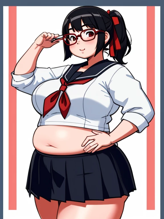 ((kipteitei)), ((masterpiece)), (((best quality))), ((ultra-detailed)), (((illustration))), detailed face, ultra cute face, detailed body, ((1girl)), ((solo)), matoi ryuuko, school uniform, black serafuku, skirt, looking at viewer, cowboy shot, blushing, standing in school hall, medium breasts, perky breasts, ((wide hips)), (((thick thighs))), ((chubby)), fat folds, belly hang, chubby belly,