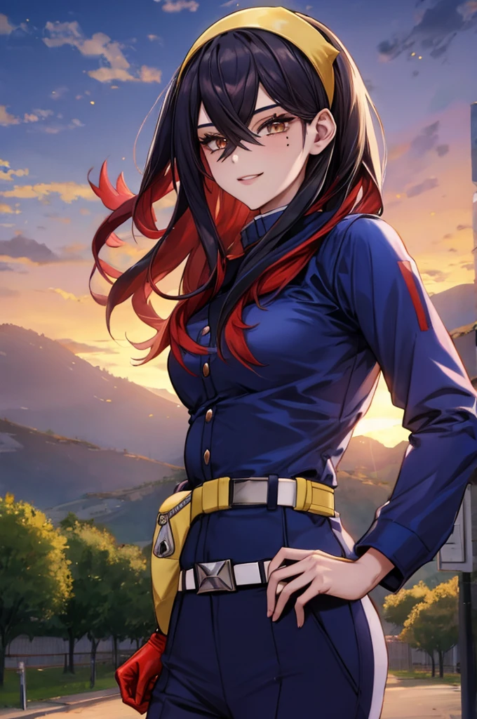 1girl, contrapposto, put one hand on hip, facing viewer, BREAK pokemoncarmine, (mole under eye:0.9), hairband, blue jacket, long sleeves, red gloves, pants, belt, waist pouch, (small breasts:0.9), (smug:0.9), BREAK detailed background, (country town), outdoor, BREAK (best quality, masterpiece, UHD, ultra detailed), (beautiful face, shiny skin), (detailed eyes), (perfect anatomy), (professional lighting)