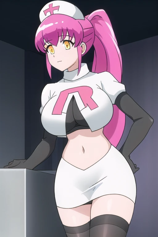 bell, solo, long_hair, breasts, looking_at_viewer, bangs, large_breasts, hat, medium_breasts, very_long_hair, yellow_eyes, ponytail, pink_hair, purple_hair, sidelocks, side_ponytail, orange_eyes, empty_eyes, nurse_cap, double-breasted, team rocket,team rocket uniform,white skirt,red letter R,crop top,black thigh-highs,black elbow gloves