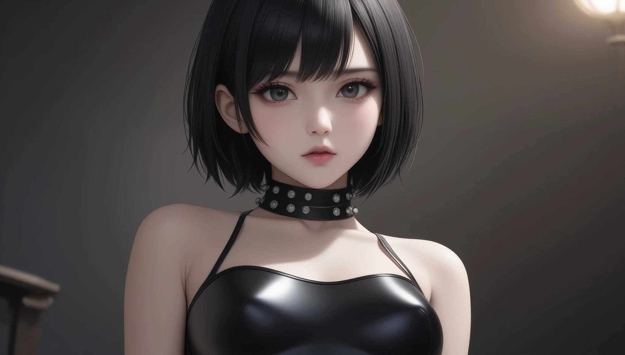 bobcut, asian woman, collarbone, shoulders, <lora:beltbra_v0.1:1>, huge bursting breasts, skindentation, strapless, tight bursting breasts, taut black beltbra, bursting breasts, goth choker, panties, black lipstick, eyeliner, eyeshadow, full blush, cowboy shot, full body, navel ring, hands on chest, photorealistic, studio lighting, best quality, extremely detailed, realistic face, looking down