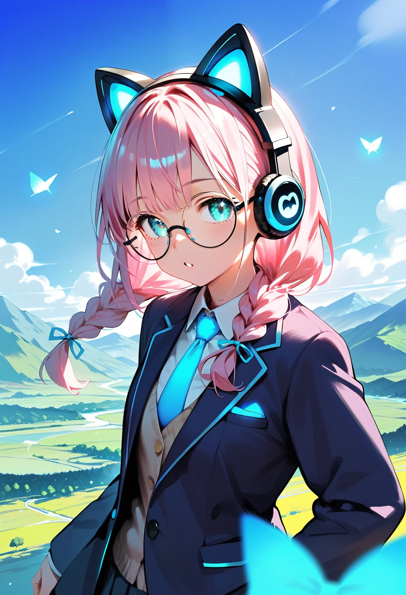  (best quality:1.2), (ultra-detailed:1.2), (2.5D:1.2), (Anime Moe Art Style), 1girl , pink hair,  Cyan eyes, Gradient Eyes, twin braids, blue Glowing cat ear headphones, black round glasses, blazer, Landscape