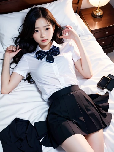 ,Short sleeved white shirt,Grey checked tie,Grey checked mini skirt,open mouth,(tongue out:2),lying,Selfie,looking ahead,from above,front view,cowboy shot,(1girl,Beautiful 14 year old girl),((Slender,Small breasts,Small face,)),looking at viewer,Black Hair,bangs,one side up,Beautiful and detailed,Mischievous smile,Dimly lit room,Simple Background,bed,pillow,best quality