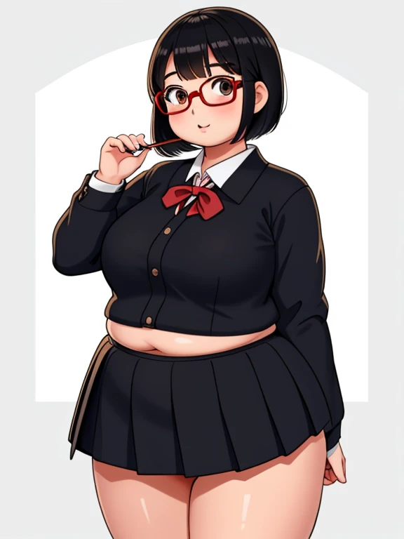 Masterpiece, 1girl, solo, Japanese student, short hair, teen, round face, fat face,fat, chubby, round belly, plump body, her appearance reflects her intelligence and shy personality, (she's wearing a black Japanese school uniform and red glasses)