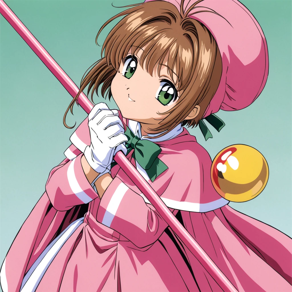 masterpiece, Best Quality, High resolution, Sakura Kinomoto, One girl, Brown Hair, short hair, Antenna Hair, Pink hat, green eyes, Capelet, Pink dress made of shiny enamel-like material, Striped ribbon, Long sleeve, White gloves, Clothes made of shiny material like enamel,Staff with, Annoying, smile,