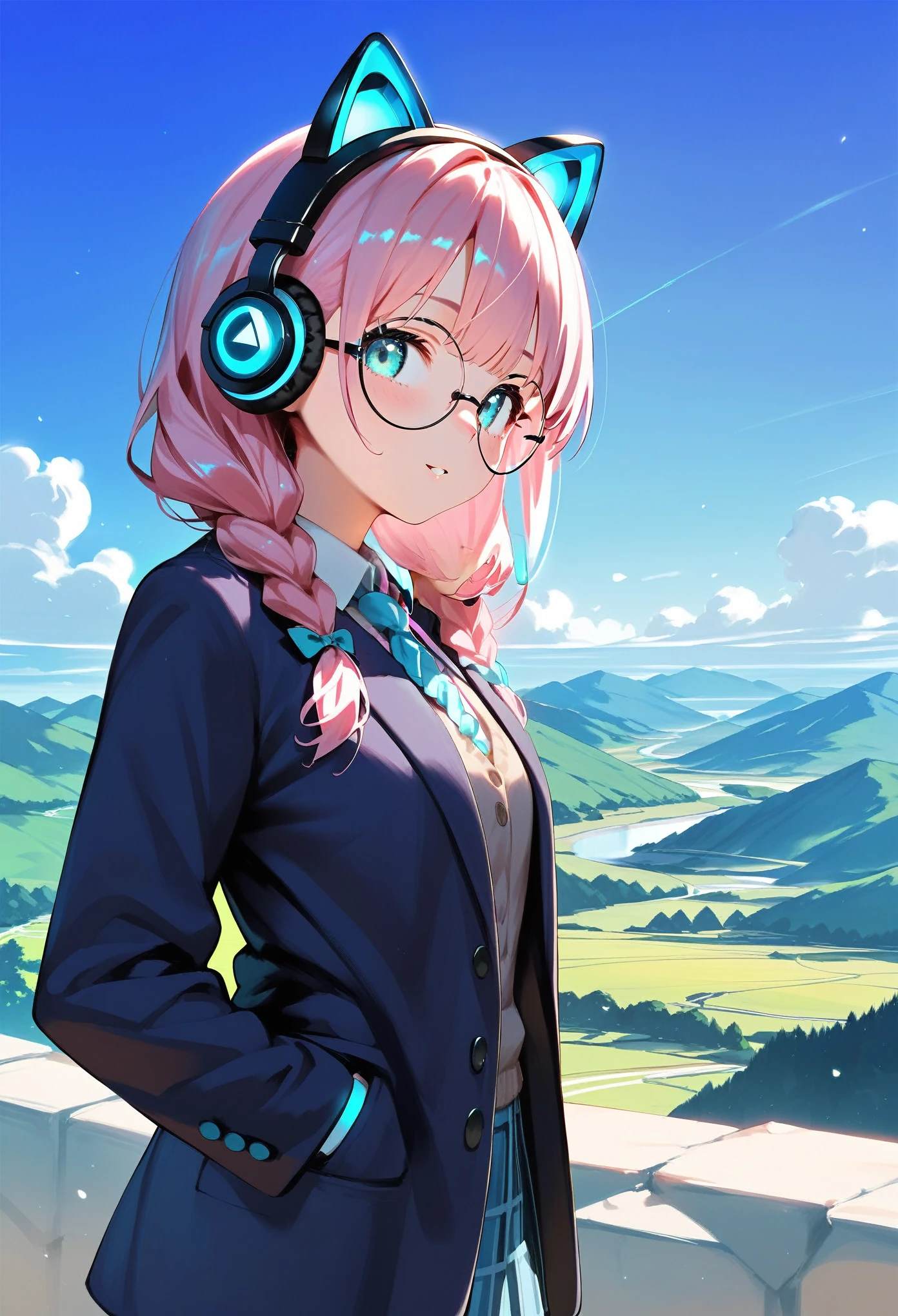 (best quality:1.2), (ultra-detailed:1.2), (2.5D:1.2), (Anime Moe Art Style), 1girl , pink hair, Cyan eyes, Gradient Eyes, twin braids, blue Glowing cat ear headphones, black round glasses, blazer, Landscape