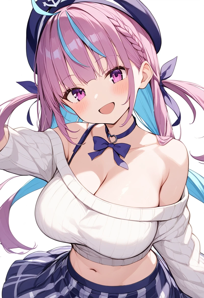 Girl、Young、Idol、1 person、Minato Aqua、Ho****ve,Purple Hair,Blue Hair,Purple eyes,Large Breasts,Ho****ve、smile、be happy、Red cheeks、Belly button、Shoulder Bare、Over-knit sweater、Tanimachi Emphasis、Purple ribbon、smile、Curse mark on navel、Underwear in full view、Lots of skin tones