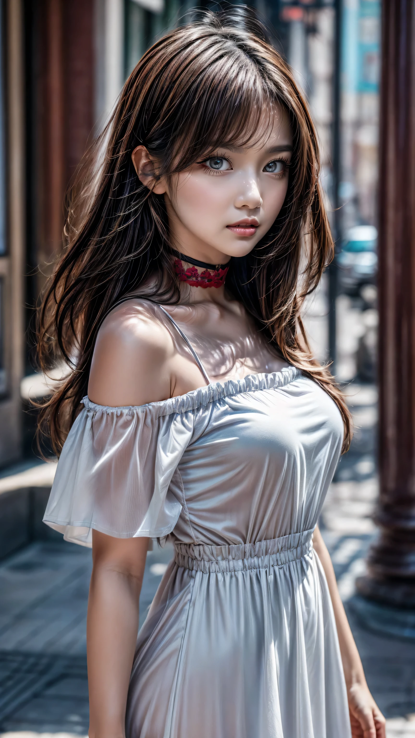 Quality\(Realism, Realistic, ultra realistic details,Hyper-Photorealistic,best quality,intricate details,ultra realistic 8k cg, masterpiece\),Famale\(solo,1woman,20yo,dslr,best high quality soft lighting,sharp focus captured by Fujifilm XT3,f 5.6,in a dramatic lighting\),Skin\(velvety skin\),Eyes\((sharp focus,not blurry,Ultra resolution, absurd quality,Realistic brown_eyes:1.32)),((extremely fine details eyes)),(perfect round eyes:1.2),finely detailed pupils(extremely fine details of pupils:1.3),(extremely fine details of iris:1.3),((Vibrant eye digital art:delicately painted in mesmerizing array of colors:1.3)\),Hair\(long hair,golden hair,messy hair,hair over one eye,(blonde short slicked to the side hair\), symmetrical lips, light glossy red_lipstick, long blue_eyelashes, pupils, BREAK ,Costume\(choker,oversized shirt,off shoulder, see through white shirt\),Background\((ultra detailed background,delicate pattern,intricate detail),brick wall,graffiti,dim lighting\)

