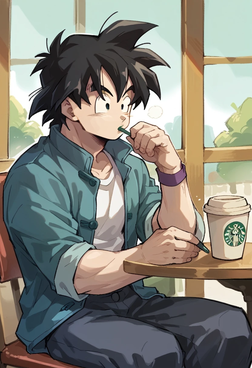 Boy sitting at a table drinking a Starbucks coffee while checking his phone the boy has messy black hair black eyes he is muscular he looks like Goten from Dragon Ball and he is wearing a white t-shirt and a blue casual jacket