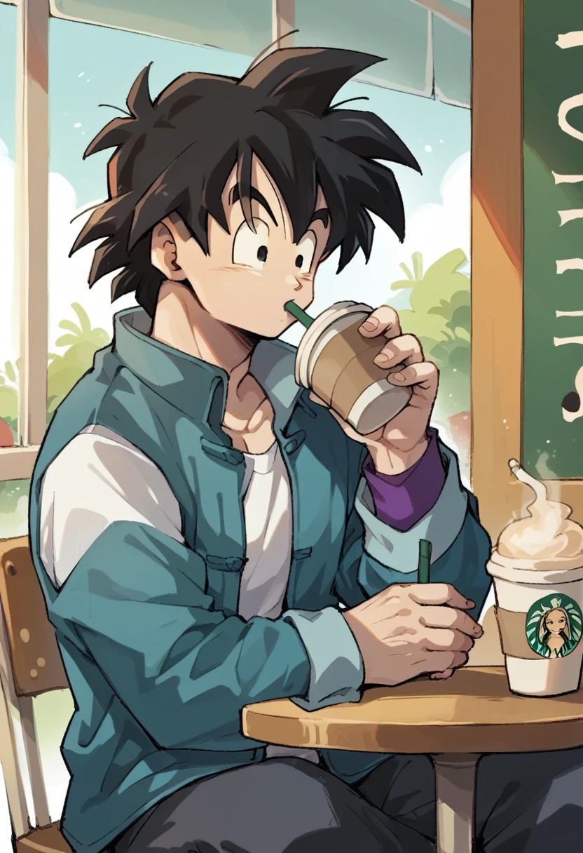 Boy sitting at a table drinking a Starbucks coffee while checking his phone the boy has messy black hair black eyes he is muscular he looks like Goten from Dragon Ball and he is wearing a white t-shirt and a blue casual jacket