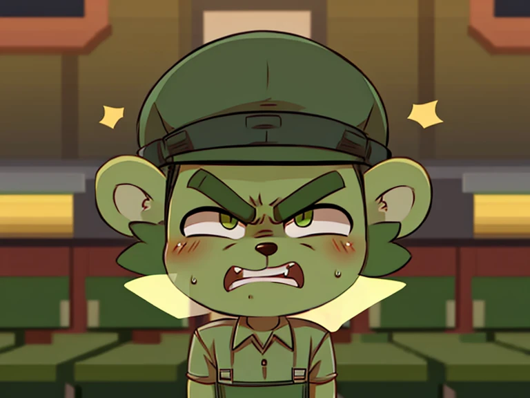 Young furry bear green army uniform military hat green angry face background army apron 