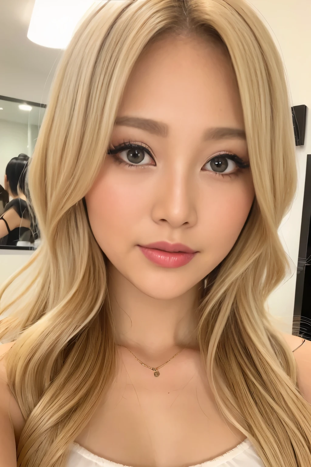 false eyelashes、blonde、beautiful skin、camisole、medium hair