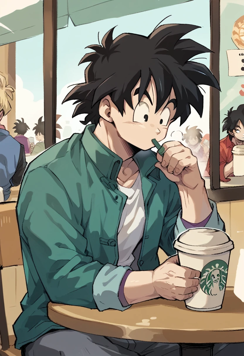 Boy sitting at a table drinking a Starbucks coffee the boy has messy black hair black eyes is muscular looks like Goten from Dragon Ball and is wearing a white t-shirt and a blue casual jacket and has a cell phone
